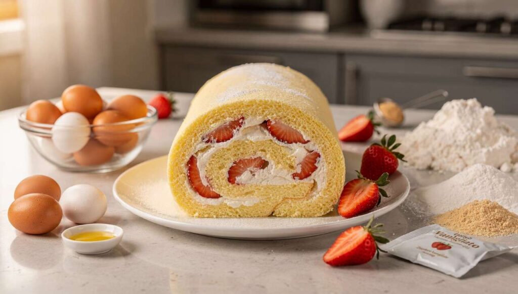 Rotolo Mimosa farcito di panna e fragole