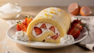 Rotolo mimosa ripieno di panna e fragole per l'8 marzo